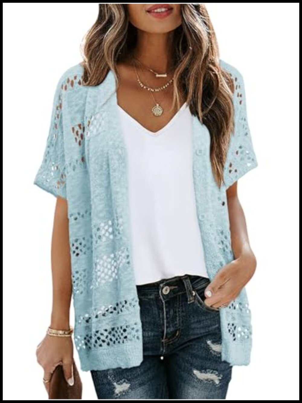 Women Crochet Cardigan Short Sleeve Knit Open Front Sweater V-Neck - Picture 3 of 6